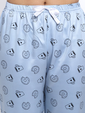 Women Grey Shirt Collar Printed Night Suit