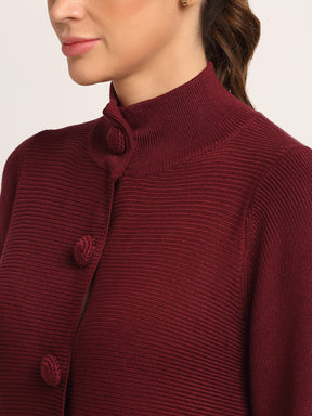 Women Red High Neck KNIT Solid Coat