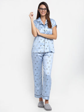 Women Grey Shirt Collar Printed Night Suit