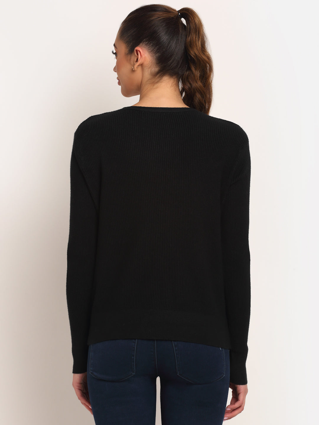Women Black Knitted V-Neck Regular Fit Cardigan