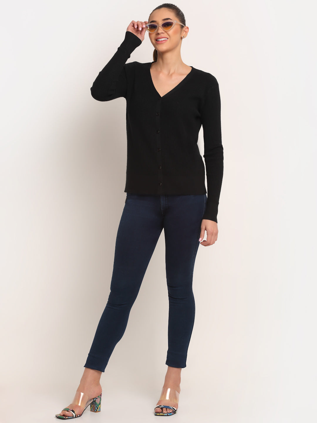 Women Black Knitted V-Neck Regular Fit Cardigan