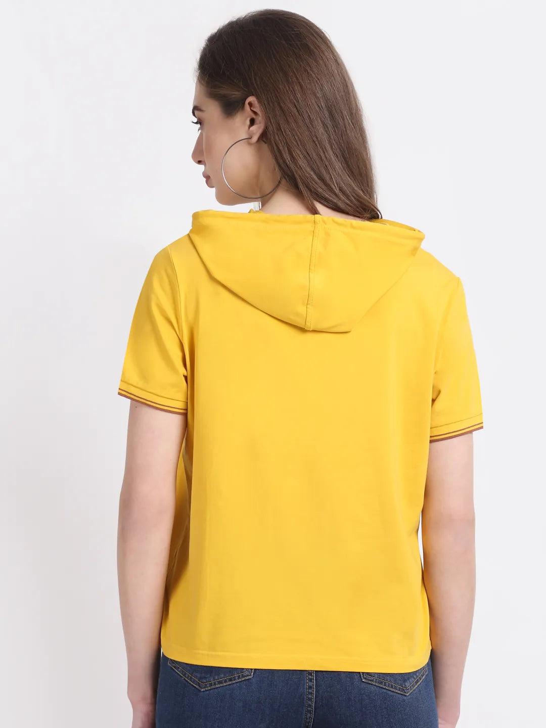 women regular fit mustard hooded t shirt