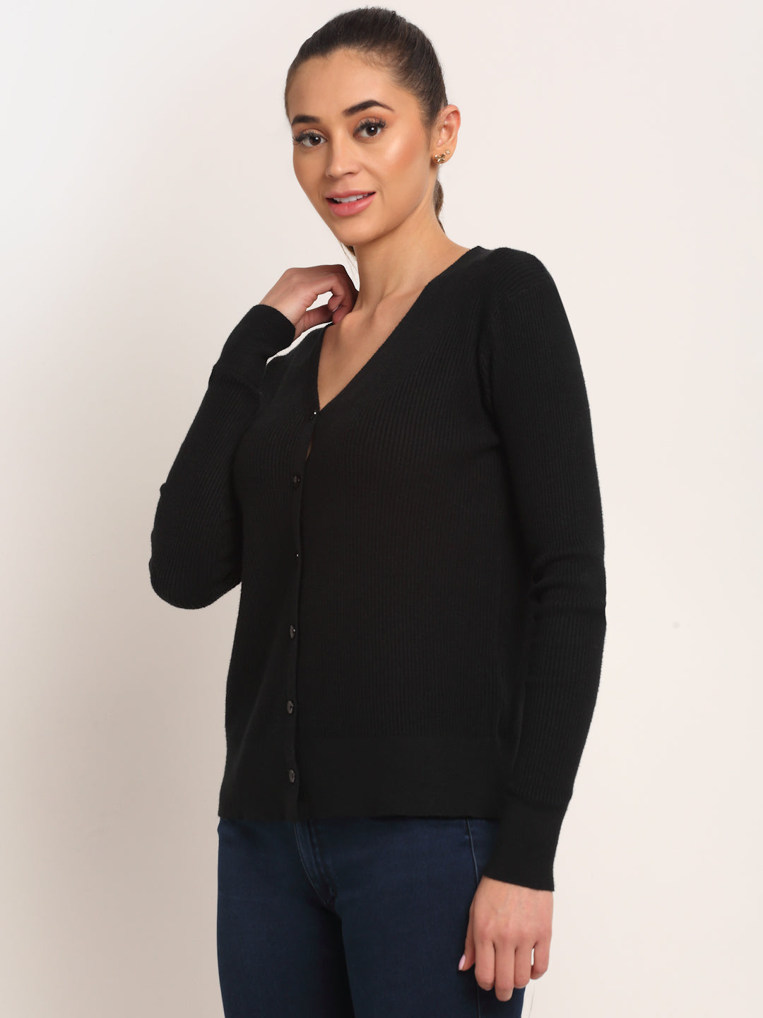 Women Black Knitted V-Neck Regular Fit Cardigan