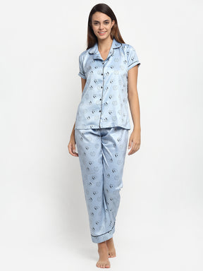 Women Grey Shirt Collar Printed Night Suit