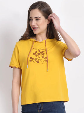 women regular fit mustard hooded t shirt
