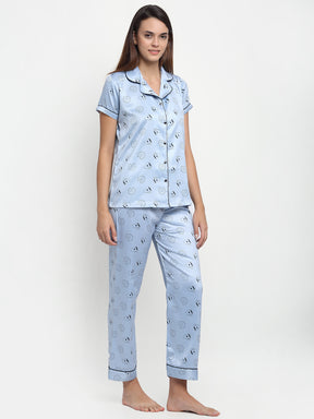Women Grey Shirt Collar Printed Night Suit