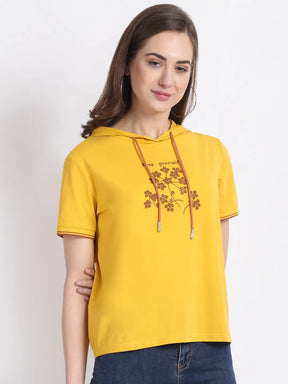 women regular fit mustard hooded t shirt