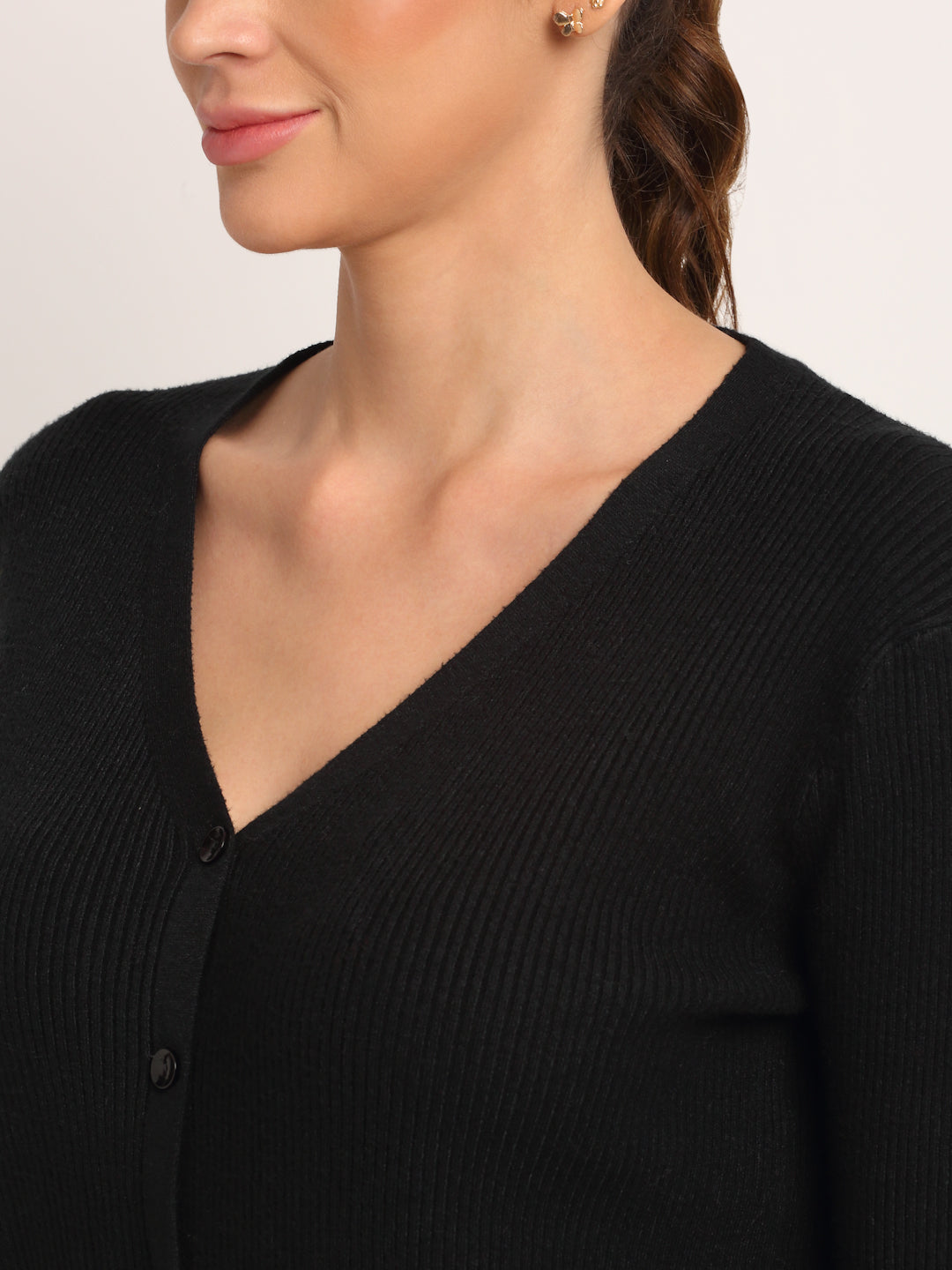 Women Black Knitted V-Neck Regular Fit Cardigan