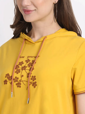 women regular fit mustard hooded t shirt