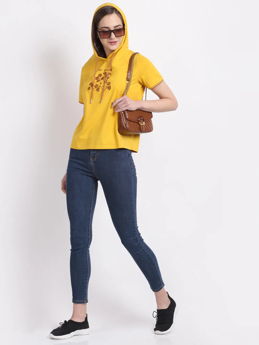 women regular fit mustard hooded t shirt