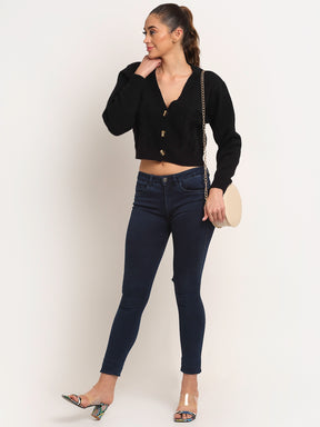 Women  V-Neck KNIT Solid Cardigan With Black 
