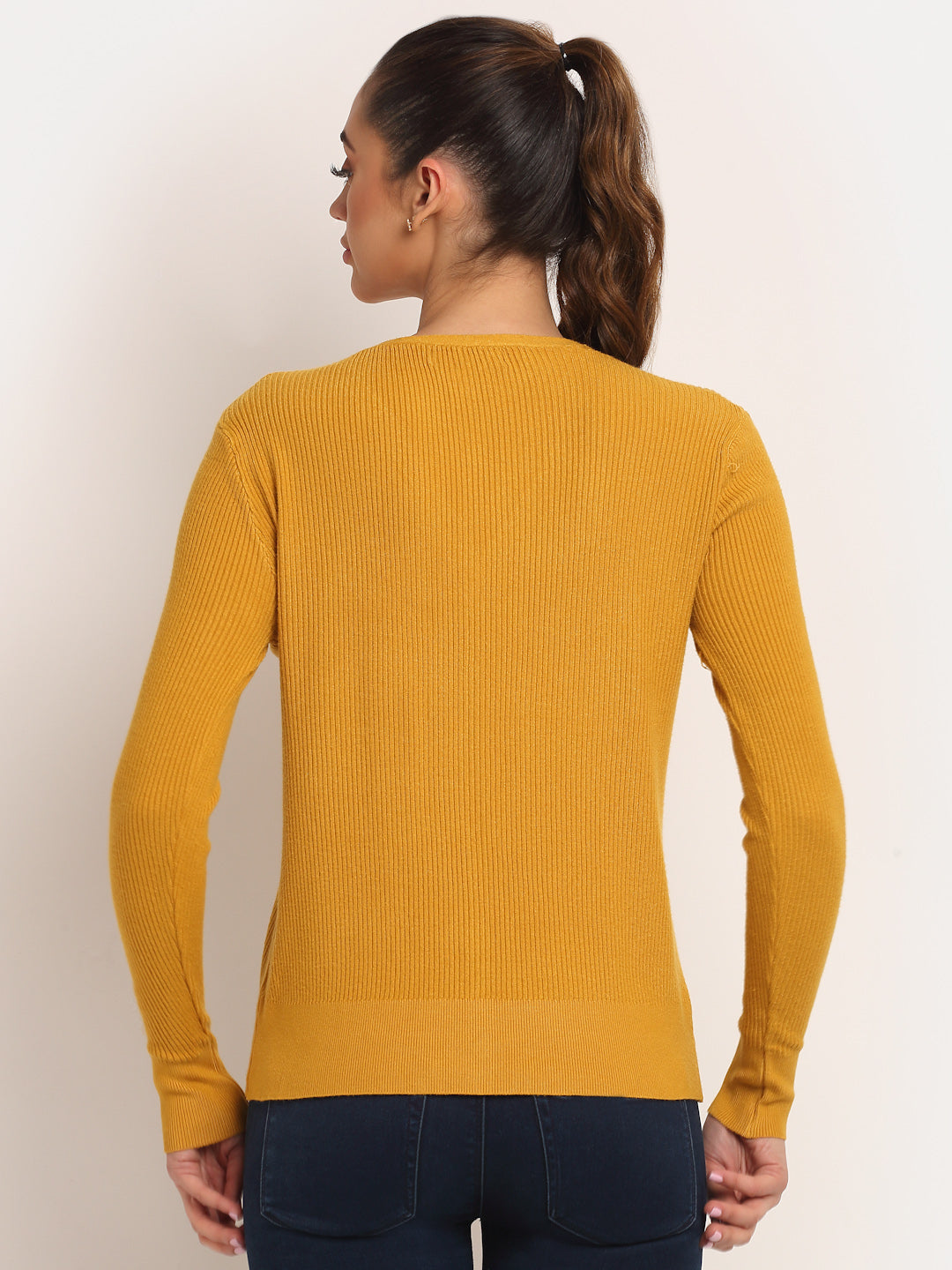 Women Orange  KNIT Solid Cardigan V-Neck