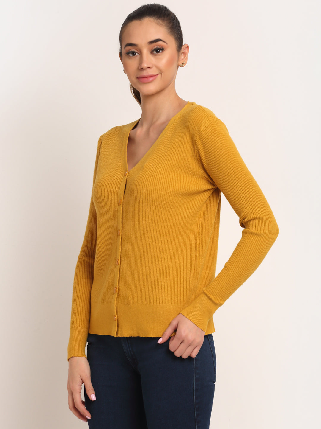 V-Neck KNIT Solid Cardigan With Orange Colour