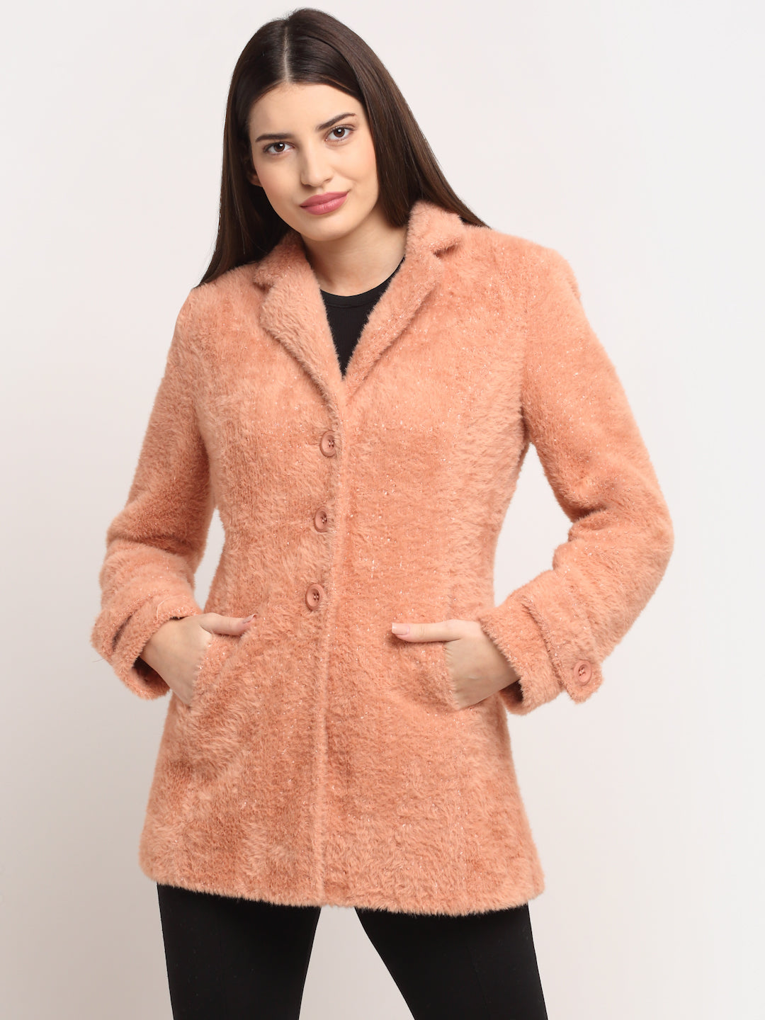 Women Pink Polyester Solid Coat