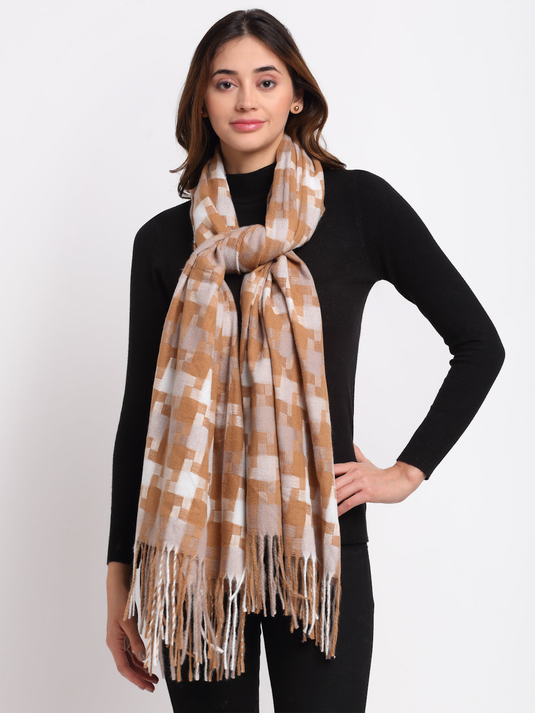 Women Khaki Checked Acrylic Stole - Global Republic