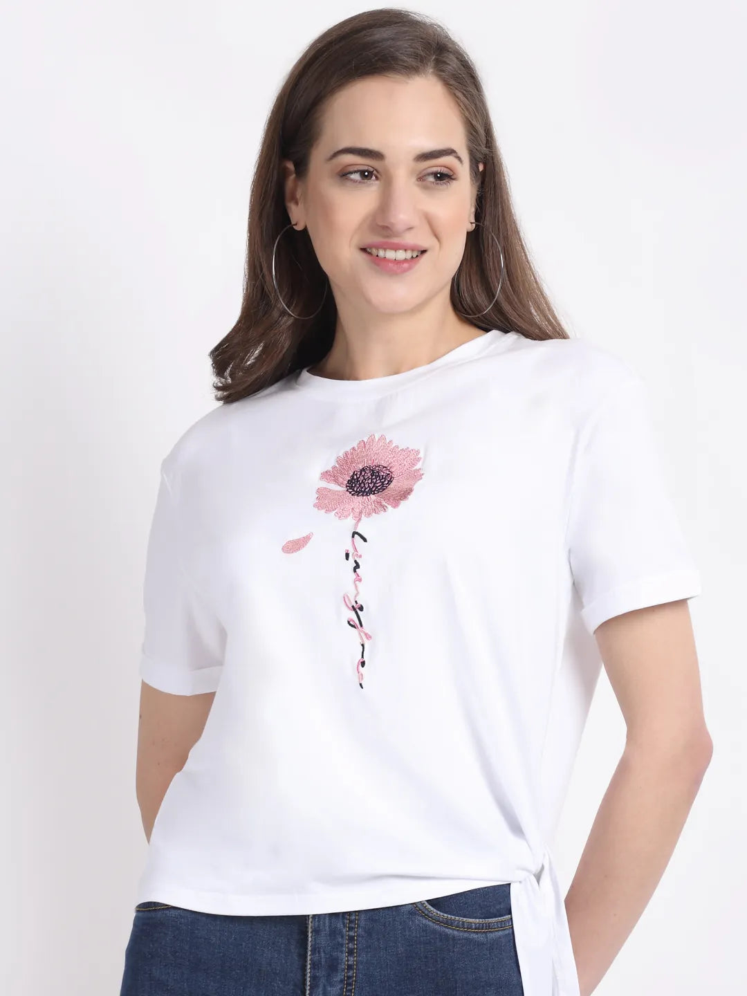 Women White Half Sleeve Crew Neck Solid Top - Global Republic