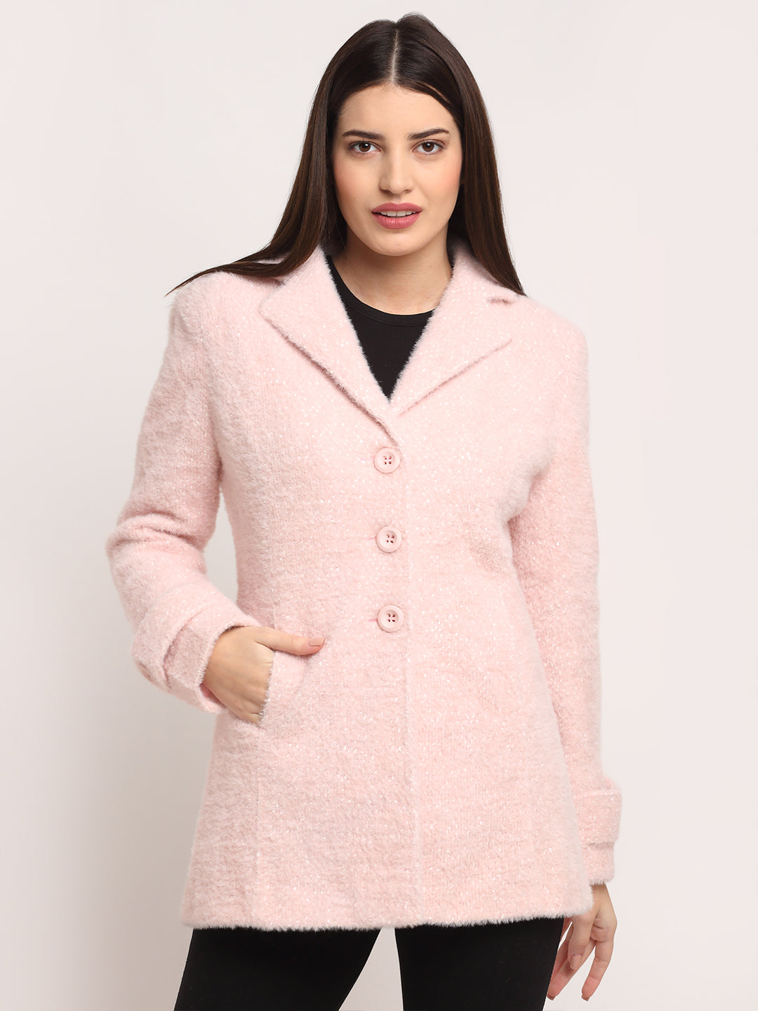 Women Pink Polyester Solid Coat
