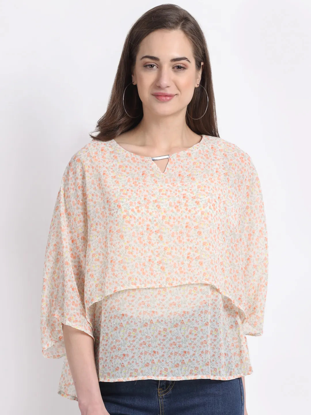 Women Orange Printed Layered Blouson Top - Global Republic