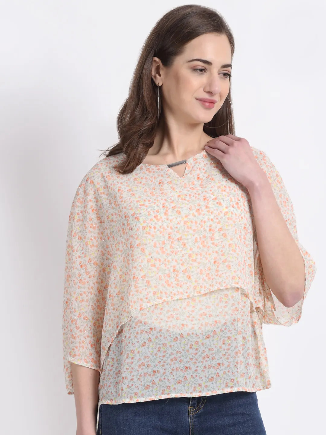 Women Orange Printed Layered Blouson Top - Global Republic