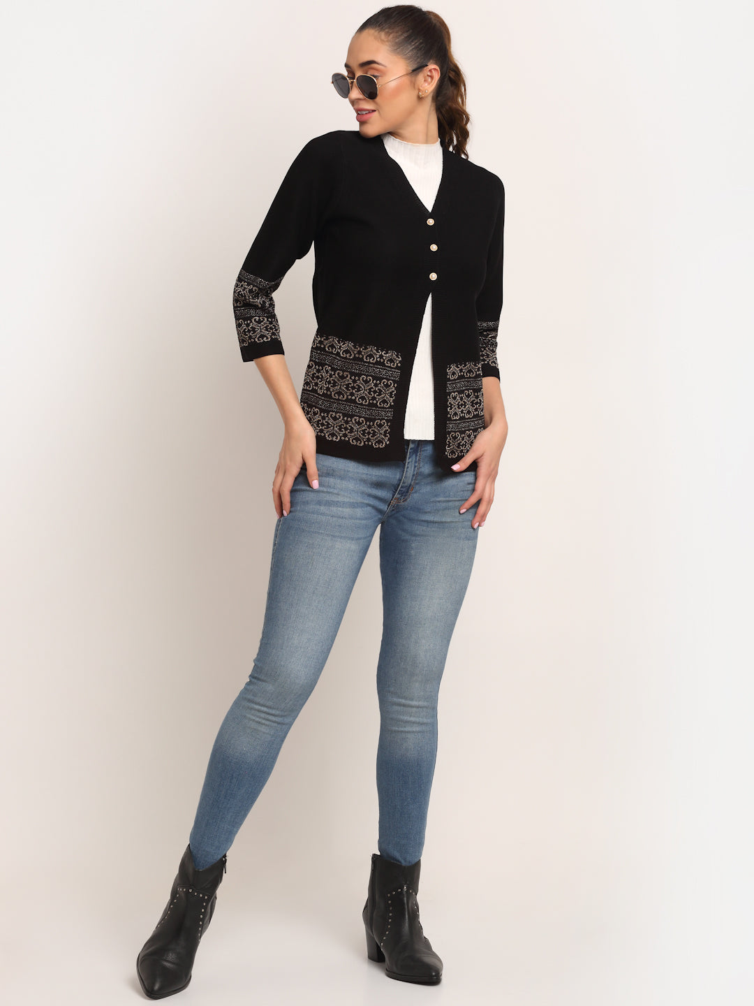 Women V-Neck KNIT Solid Cardigan With Black