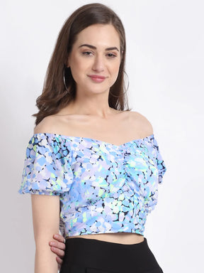 Women Off Shoulder Rayon Printed Fancy Cropped Blouson Top