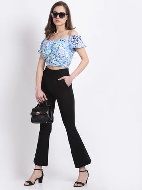 Women Off Shoulder Rayon Printed Fancy Cropped Blouson Top