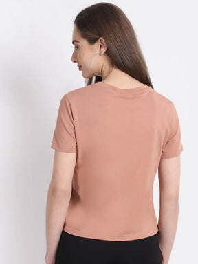 Women Khaki Asymmetrical Shoulder Top with Knot on Hem