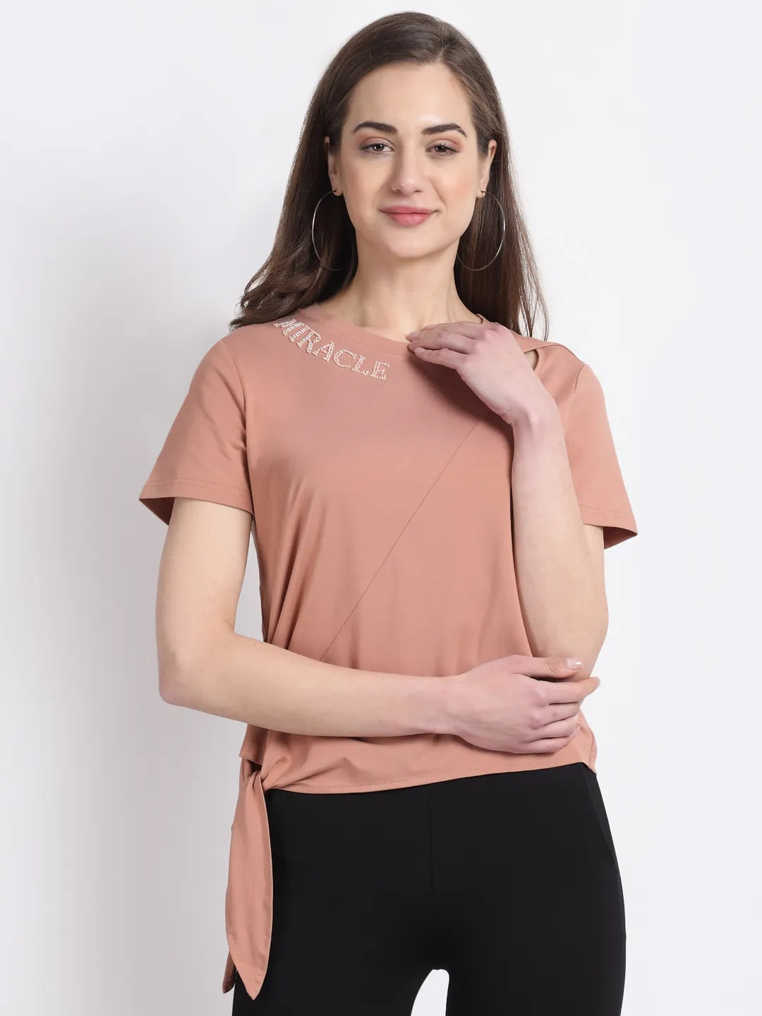 Khakhi Asymetrical Shoulder Knot Top - Global Republic