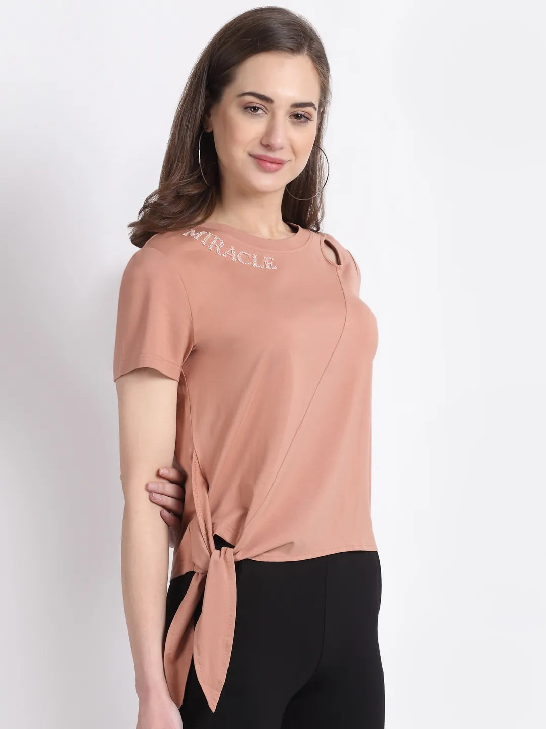 Khakhi Asymetrical Shoulder Knot Top - Global Republic