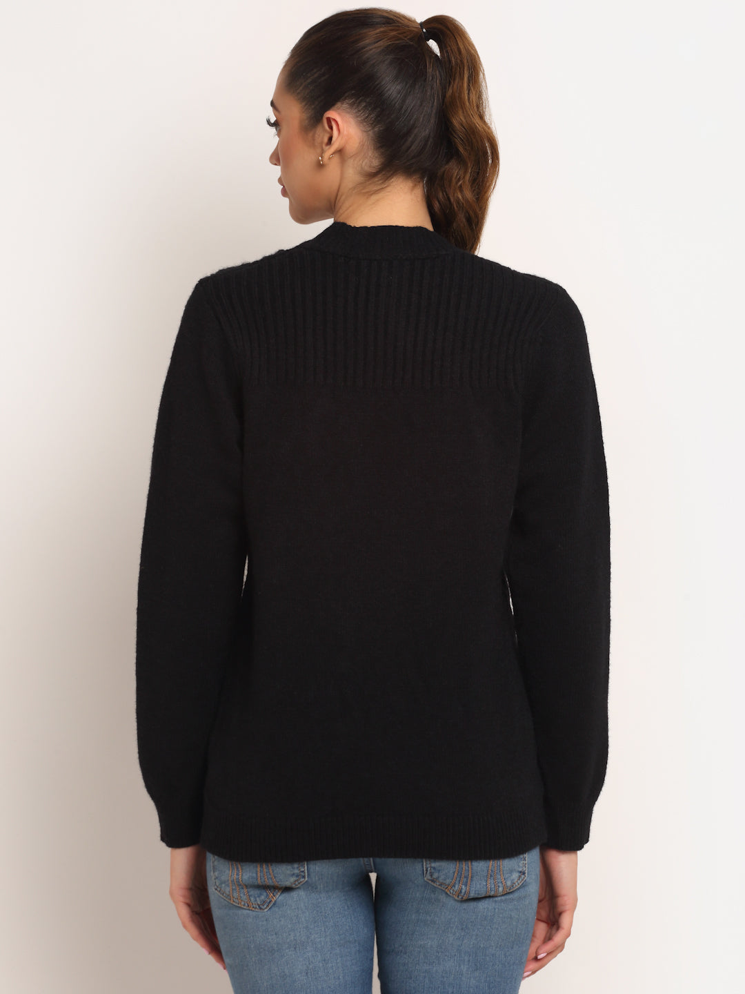 Women Black V-Neck KNIT Solid Cardigan