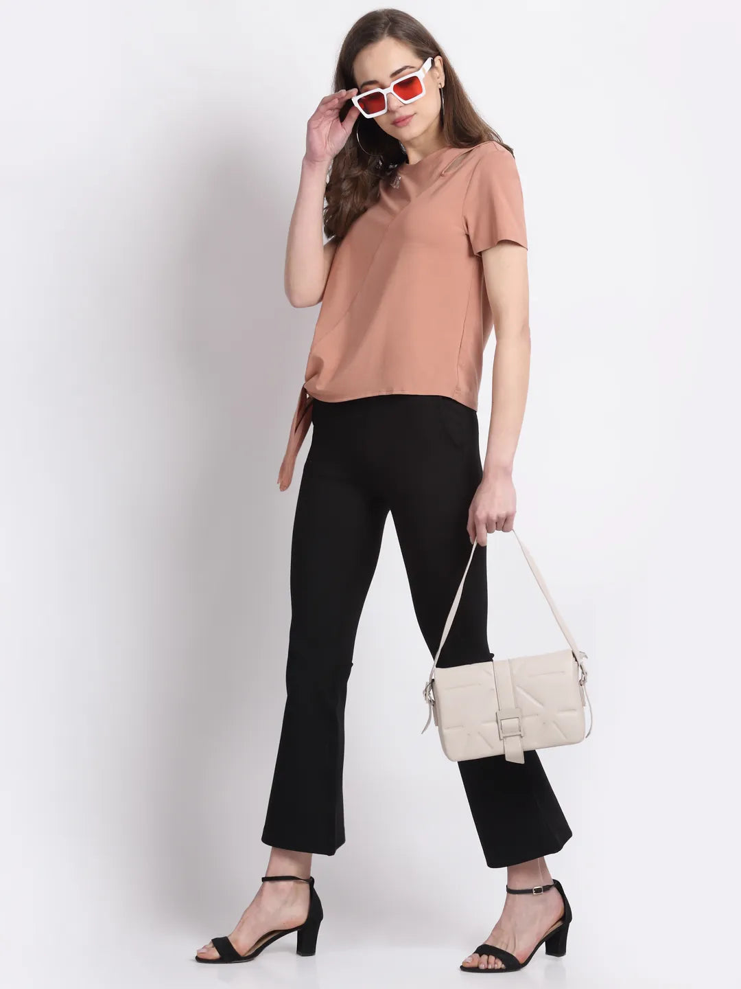Khakhi Asymetrical Shoulder Knot Top - Global Republic