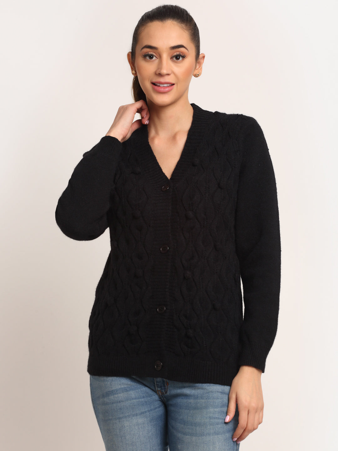 Women Black V-Neck Knitted Solid Hip Length Cardigan