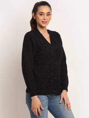 Women Black V-Neck KNIT Solid Cardigan