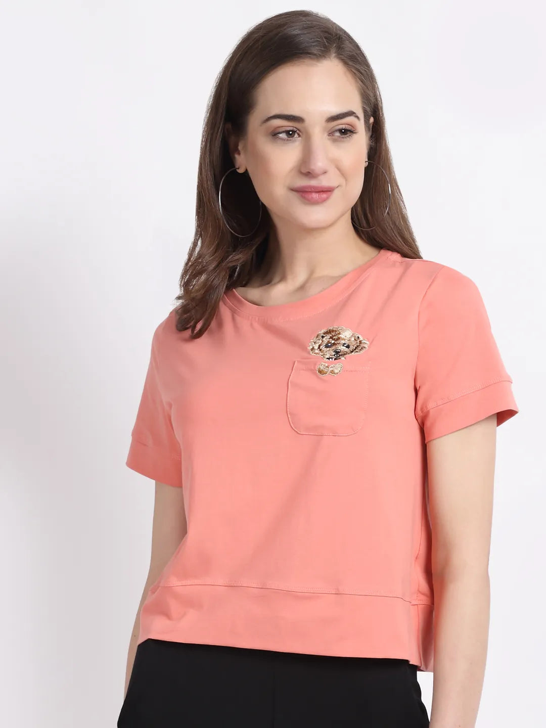 Women Straight-Fit Pink T-Shirt With Pocket - Global Republic