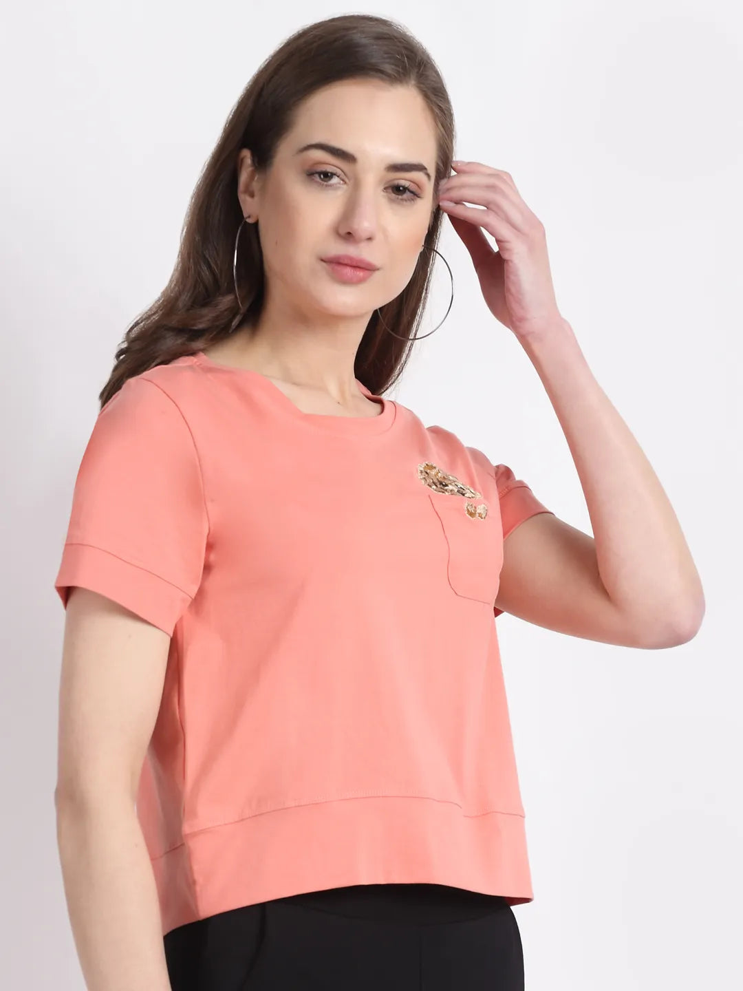 Women Straight-Fit Pink T-Shirt With Pocket - Global Republic