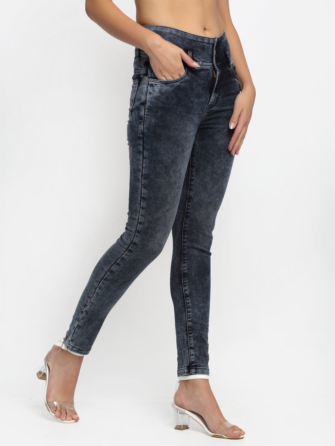 women mid rise skin fit black jeans