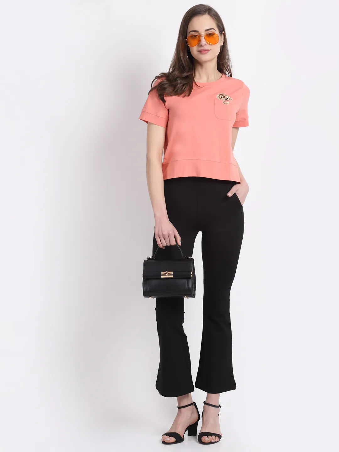 Women Straight-Fit Pink T-Shirt With Pocket - Global Republic