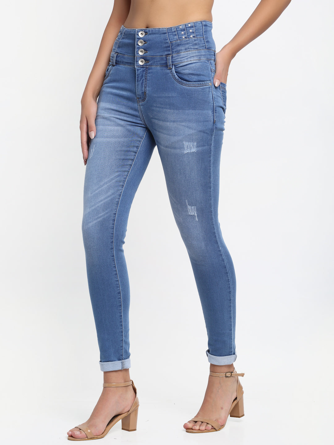 Women Double Waistband Skin Fit Blue Jeans