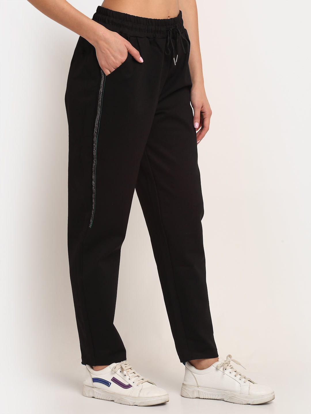 Women Black Straight Fit Jogging Lower With Pockets - Global Republic