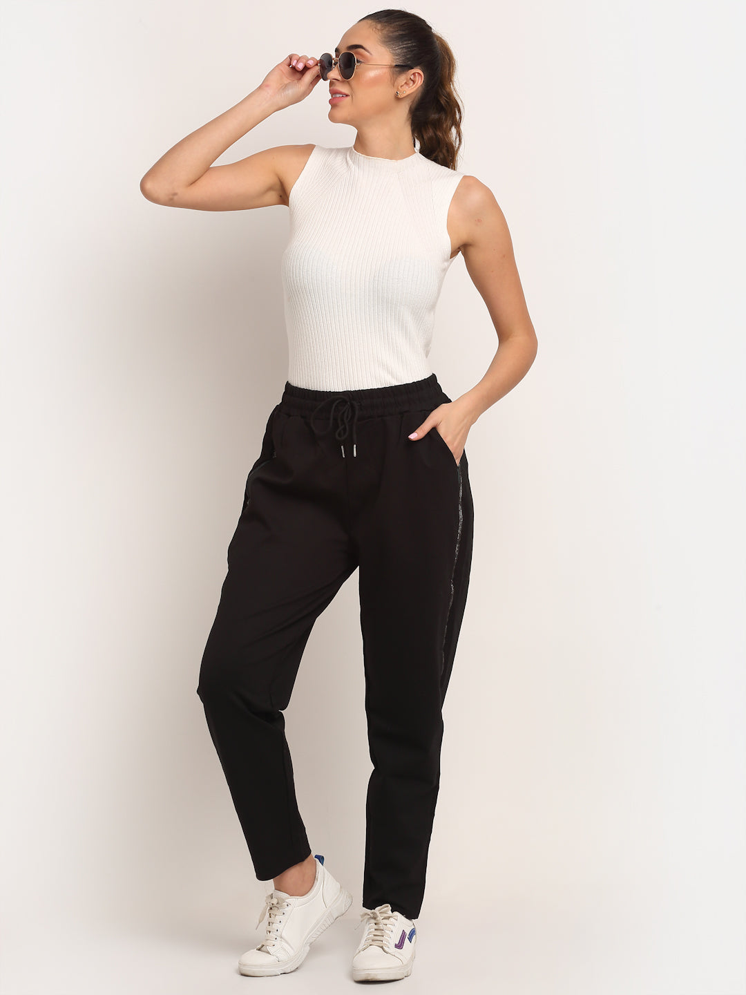 Women Black Straight Fit Jogging Lower With Pockets - Global Republic
