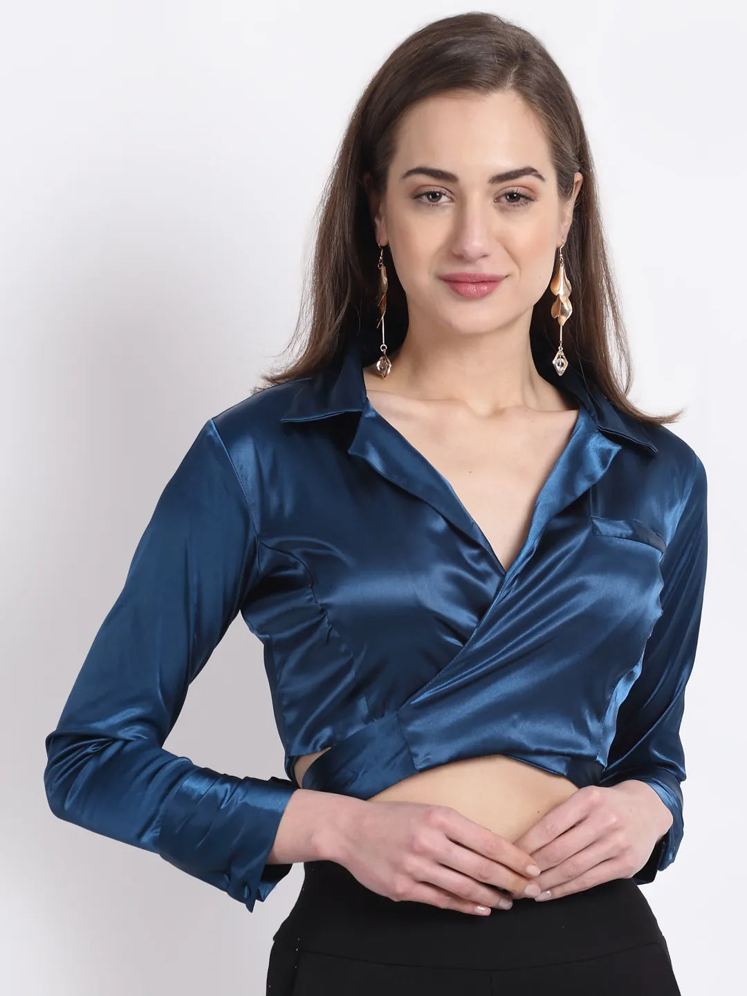 Women Solid Blue Satin Notch Collar Long Sleeves Blouse Shirt