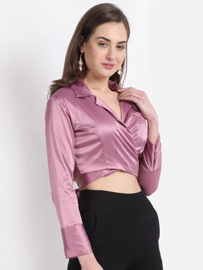 Women Solid Pink Satin Notch Collar Long Sleeves Blouse Shirt