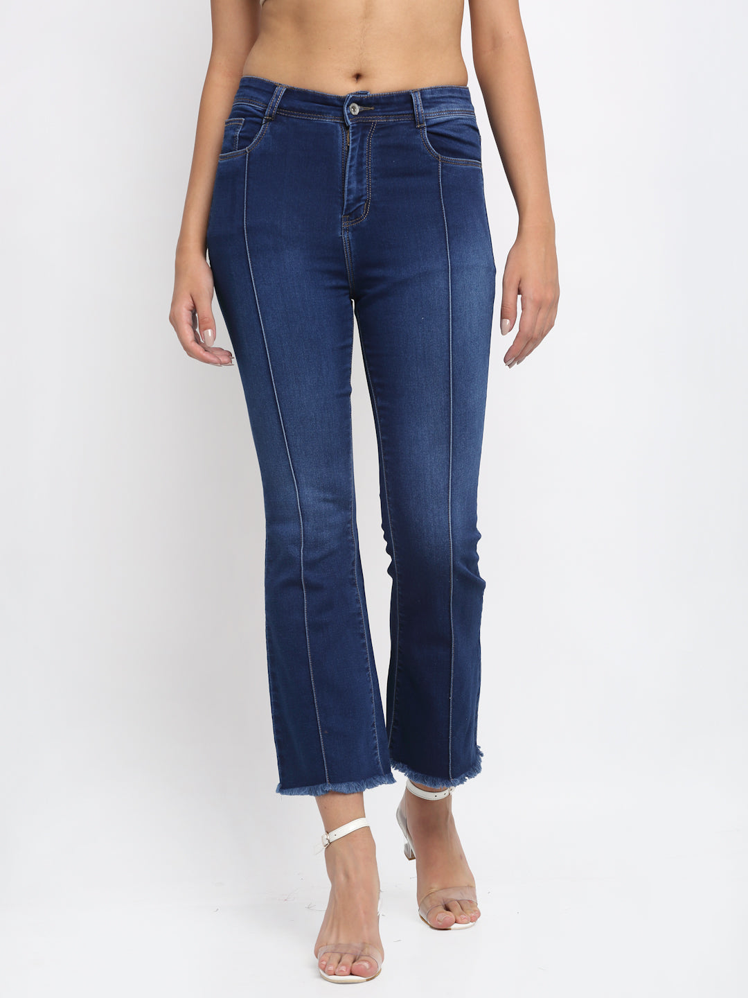 Women Bell Bottom Cropped Navy Blue Jeans - Global Republic