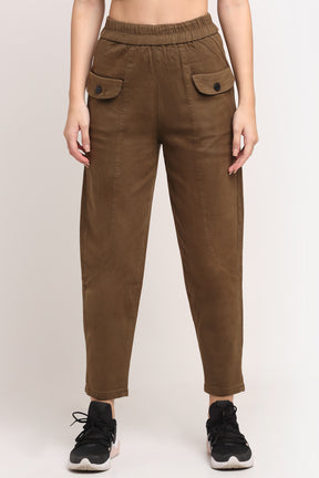 Brown Cotton Solid Trouser