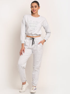 Women Beige Round Neck Hosiery Solid TrackSuit