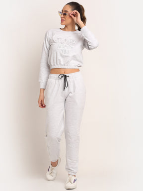 Women Light Grey Round Neck Full Sleeve Hosiery Solid Tracksuit