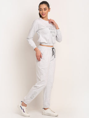 Women Beige Round Neck Hosiery Solid TrackSuit