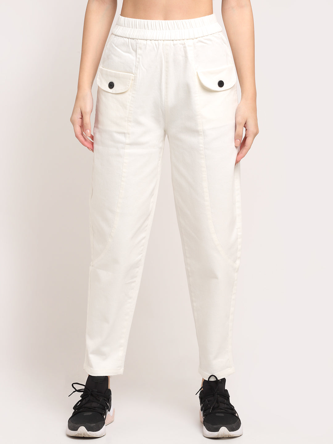 White Cotton Solid Trouser