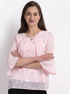 Women Pink Round Neck Printed Blouse