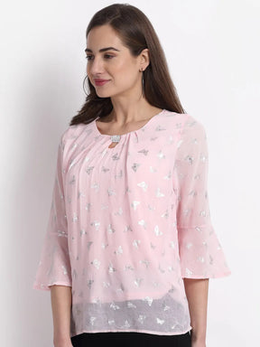 Women Pink Round Neck Printed Blouse